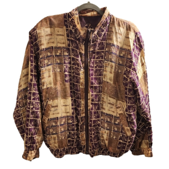 90s Vintage BOGARI Silk Bomber Jacket Abstract Print Windbreaker large - Picture 1 of 12